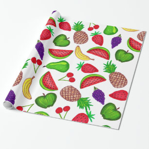 Papier Cadeau Fruit mélangé d'été tiré par la main fruité