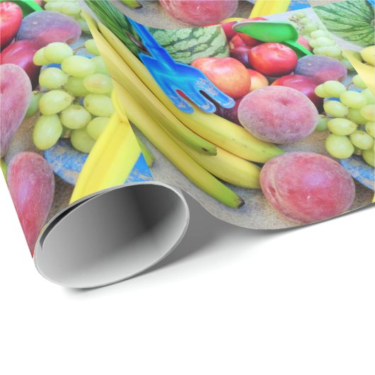 Papier Cadeau Fruits d'été, Nourriture, Melon, Raisins, Pêches, (Coin rond)