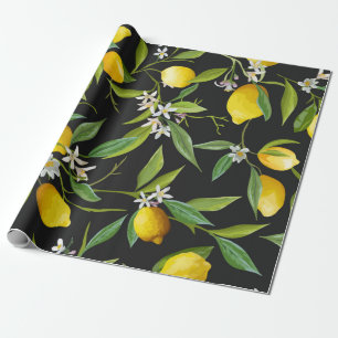 Papier Cadeau Fruits vintages au citron et fleurs sur fond foncé