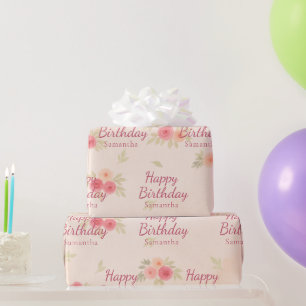 Papier Cadeau Fuchsia Aquarelle Fleurie Joyeux Anniversaire