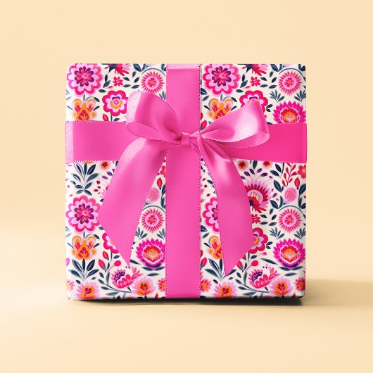 Papier Cadeau Fuchsia Fleurs mexicaines Motif Vibrant