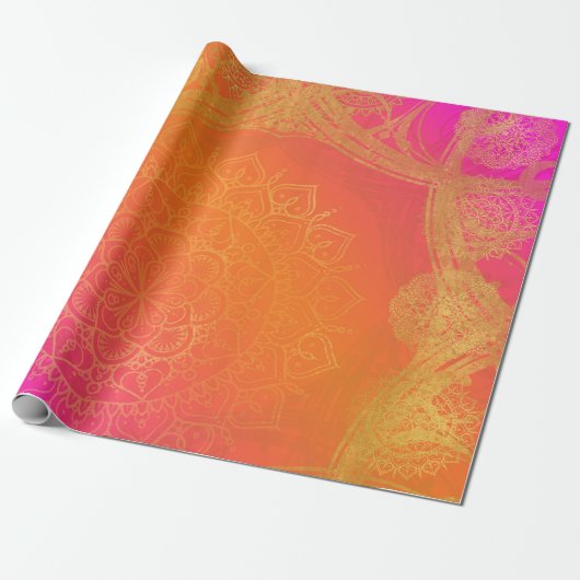 Papier Cadeau Fuchsia Pink Orange & Gold Indian Mandala Party (Déroulé)