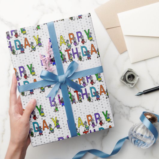 Papier Cadeau Fun Birthday Mice avec Pois (Cadeaux)