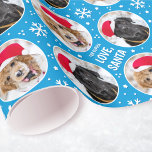 Papier Cadeau Fun Christmas Père Noël Custom Photos Nom Bleu<br><div class="desc">Personnalisez votre emballage cadeau pour faire un cadeau spécial supplémentaire de Père Noël! Un modèle modifiable, avec jusqu'à quatre photos différentes et le nom du destinataire. Ce papier d'emballage mignon est parfait pour les photos de votre famille, amis, animaux de compagnie ou Père Noël! Un motif amusant et sans soucis,...</div>