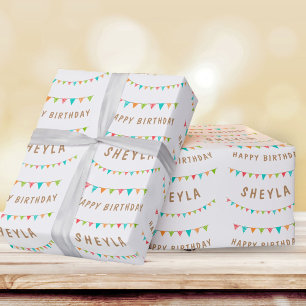 Papier Cadeau Fun Coussin coloré drapeaux Nom Joyeux anniversair