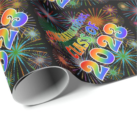 Papier Cadeau Fun "FÉLICITATIONS, CLASSE 2023" (Feu d'artifice) (Coin rond)