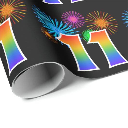 Papier Cadeau Fun Fireworks + Rainbow Motif "11" Numéro d'événem (Coin rond)