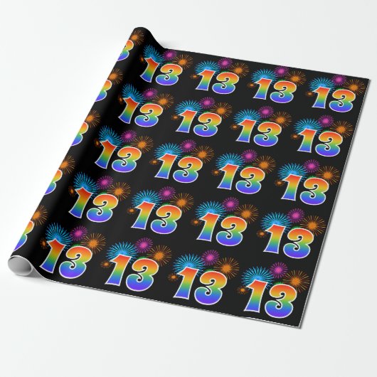 Papier Cadeau Fun Fireworks + Rainbow Motif "13" Numéro de l'évé (Déroulé)