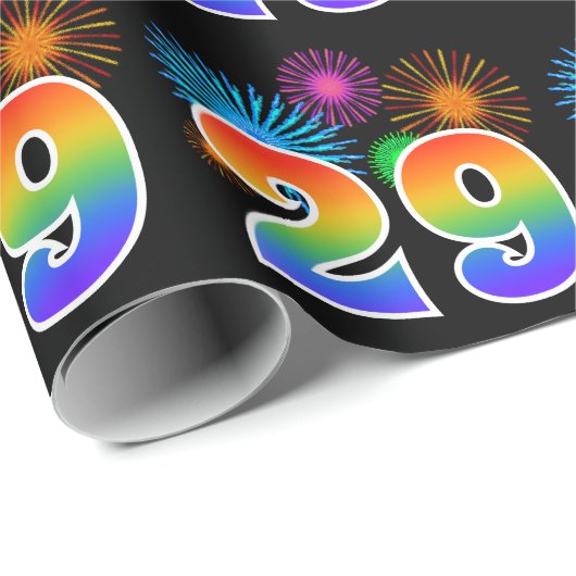 Papier Cadeau Fun Fireworks + Rainbow Motif "29" Numéro de l'évé (Coin rond)