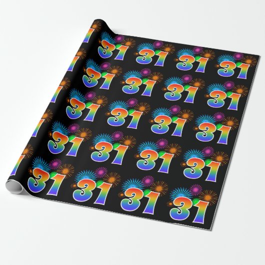 Papier Cadeau Fun Fireworks + Rainbow Motif "31" Numéro d'événem (Déroulé)