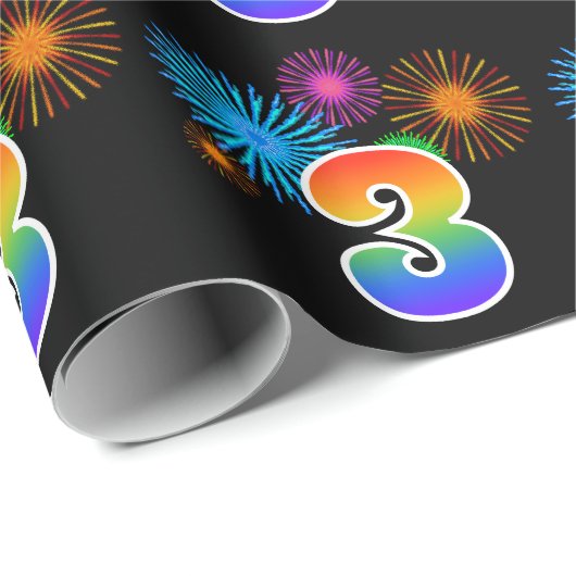 Papier Cadeau Fun Fireworks + Rainbow Motif "3" Numéro d'événeme (Coin rond)