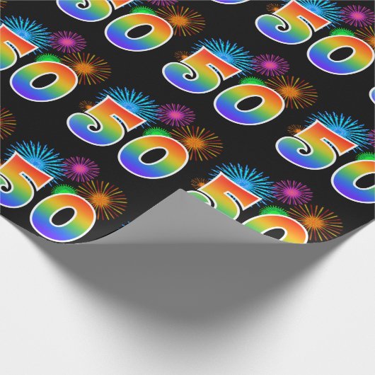 Papier Cadeau Fun Fireworks + Rainbow Motif "50" Numéro d'événem (Coin)