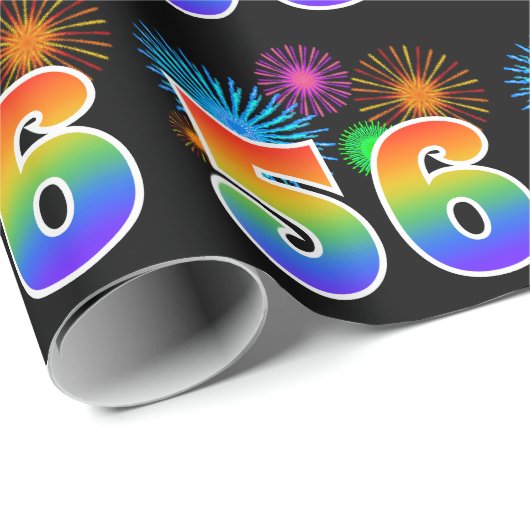 Papier Cadeau Fun Fireworks + Rainbow Motif "56" Numéro de l'évé (Coin rond)
