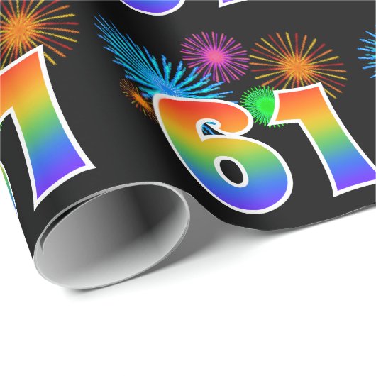 Papier Cadeau Fun Fireworks + Rainbow Motif "61" Numéro d'événem (Coin rond)