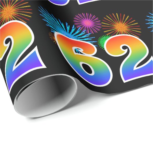 Papier Cadeau Fun Fireworks + Rainbow Motif "62" Numéro d'événem (Coin rond)