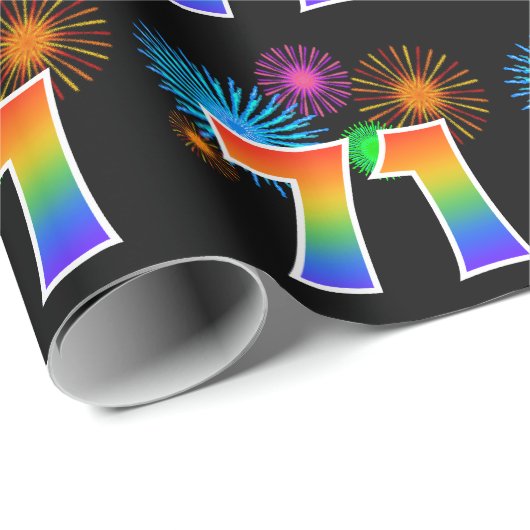 Papier Cadeau Fun Fireworks + Rainbow Motif "71" Numéro d'événem (Coin rond)