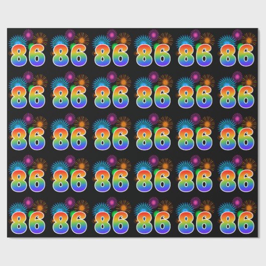Papier Cadeau Fun Fireworks + Rainbow Motif "86" Numéro de l'évé (Plat)