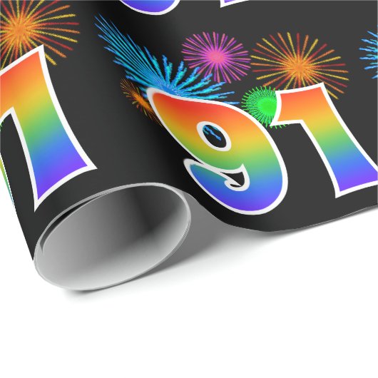 Papier Cadeau Fun Fireworks + Rainbow Motif "91" Numéro d'événem (Coin rond)