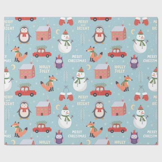 Papier Cadeau Fun Fox Snowman Penguin et voiture Noël (Plat)