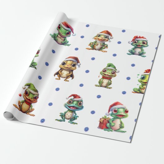 Papier Cadeau Fun & Funky Grenouilles de Noël sur blanc (Déroulé)