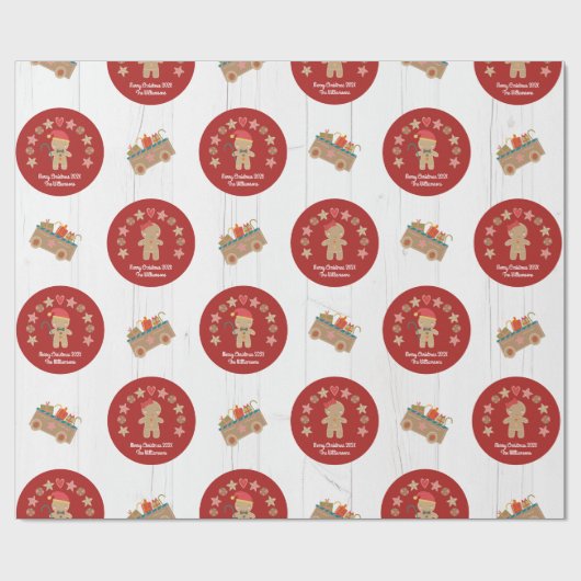 Papier Cadeau Fun Gingerbread Cookie Nom Script Rustic Wood Red (Plat)