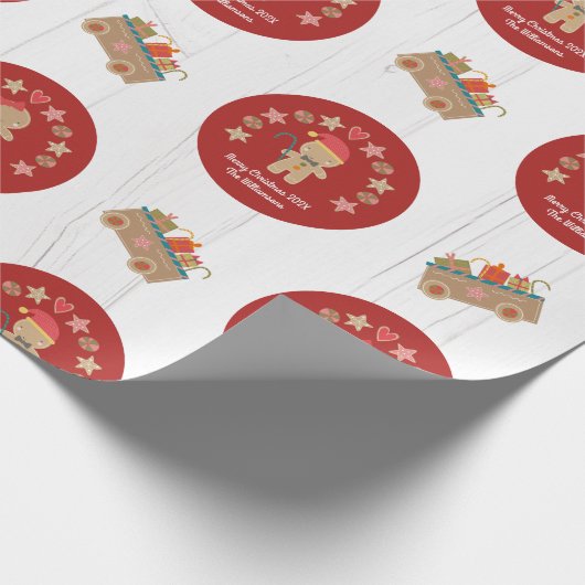 Papier Cadeau Fun Gingerbread Cookie Nom Script Rustic Wood Red (Coin)
