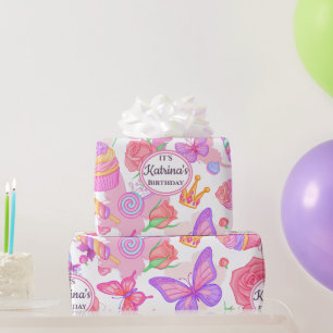 Papier Cadeau Fun Papillon rose, Cupcake, Motif de bonbons