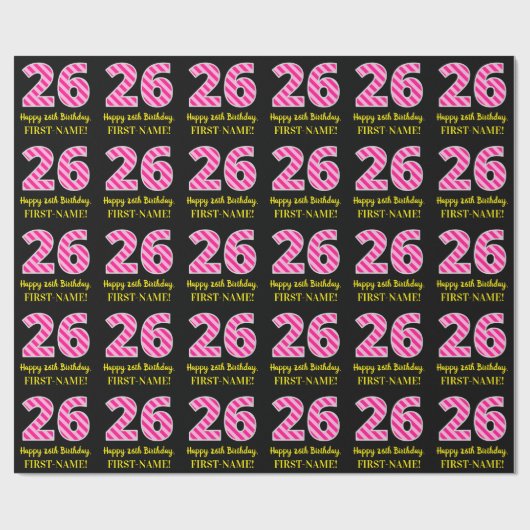 Papier Cadeau Fun Pink Stripes "26"; Joyeux 26e anniversaire; No (Plat)