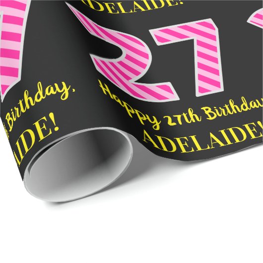 Papier Cadeau Fun Pink Stripes "27"; Joyeux 27ème anniversaire; (Coin rond)
