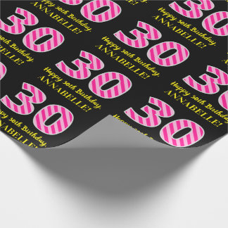 Papier Cadeau Fun Pink Stripes "30"; Joyeux 30e anniversaire; No