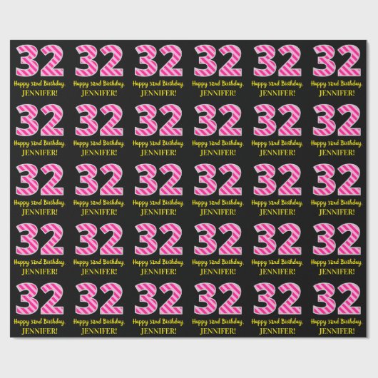 Papier Cadeau Fun Pink Stripes "32"; Joyeux 32e anniversaire; No (Plat)