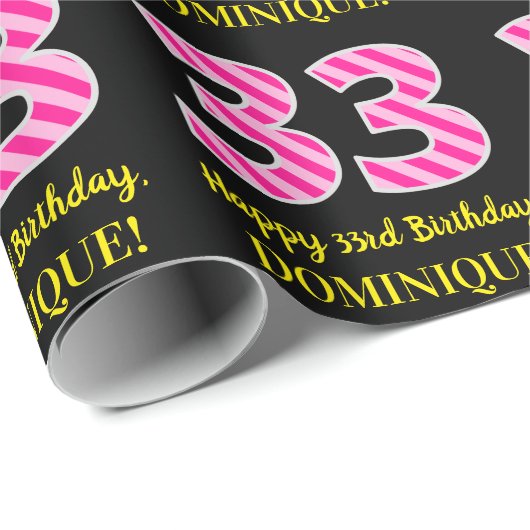 Papier Cadeau Fun Pink Stripes "33"; Joyeux 33ème anniversaire; (Coin rond)