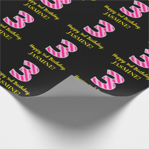 Papier Cadeau Fun Pink Stripes "3"; Joyeux 3ème anniversaire; No
