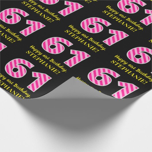 Papier Cadeau Fun Pink Stripes "61"; Joyeux 61e anniversaire; No (Coin)