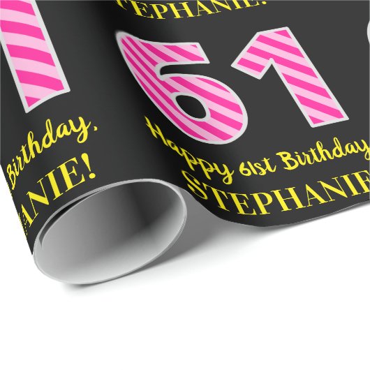 Papier Cadeau Fun Pink Stripes "61"; Joyeux 61e anniversaire; No (Coin rond)