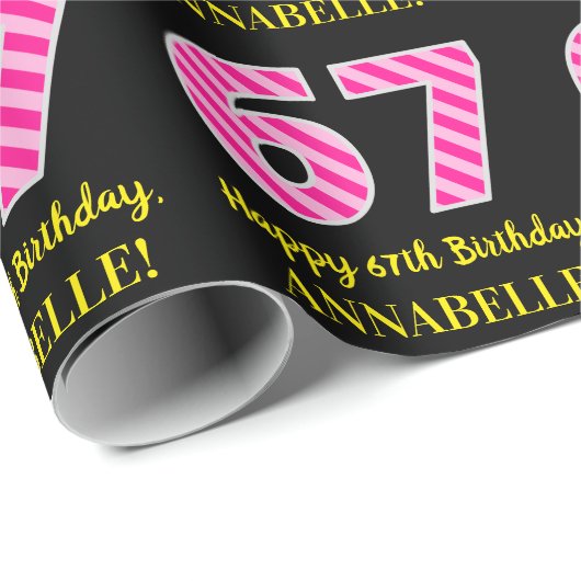 Papier Cadeau Fun Pink Stripes "67"; Joyeux 67ème anniversaire; (Coin rond)