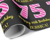 Papier Cadeau Fun Pink Stripes "75"; Joyeux 75e anniversaire; No (Coin rond)