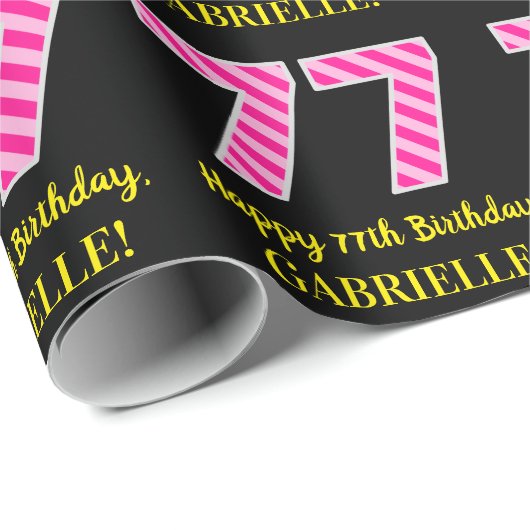 Papier Cadeau Fun Pink Stripes "77"; Joyeux 77e anniversaire; No (Coin rond)