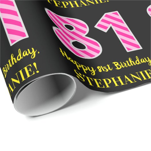 Papier Cadeau Fun Pink Stripes "81"; Joyeux 81e anniversaire; No (Coin rond)