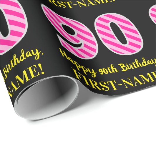 Papier Cadeau Fun Pink Stripes "90"; Joyeux 90e anniversaire; No (Coin rond)
