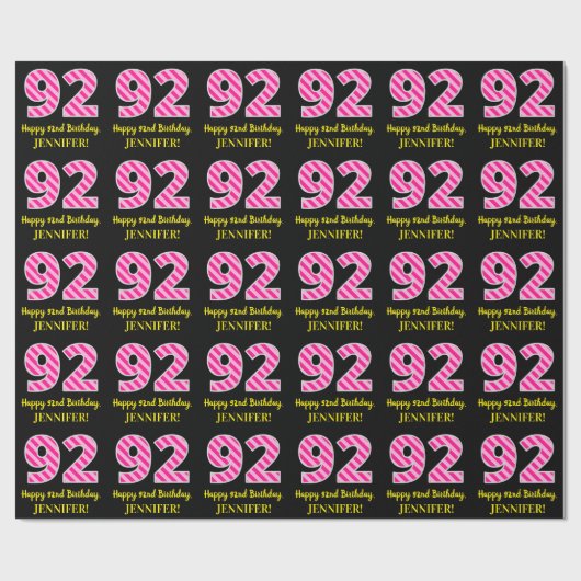 Papier Cadeau Fun Pink Stripes "92"; Joyeux 92e anniversaire; No (Plat)