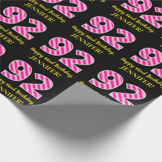 Papier Cadeau Fun Pink Stripes "92"; Joyeux 92e anniversaire; No (Coin)