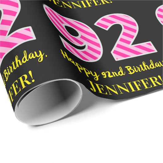 Papier Cadeau Fun Pink Stripes "92"; Joyeux 92e anniversaire; No (Coin rond)
