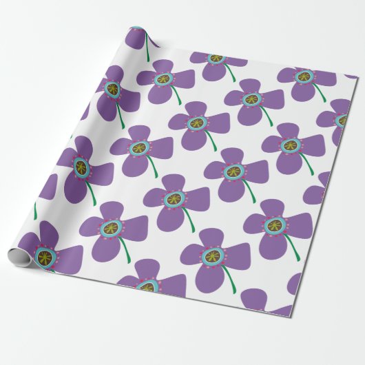 Papier Cadeau Fun Purple Daisy Pop Fleur été Whimsical cadeau (Déroulé)