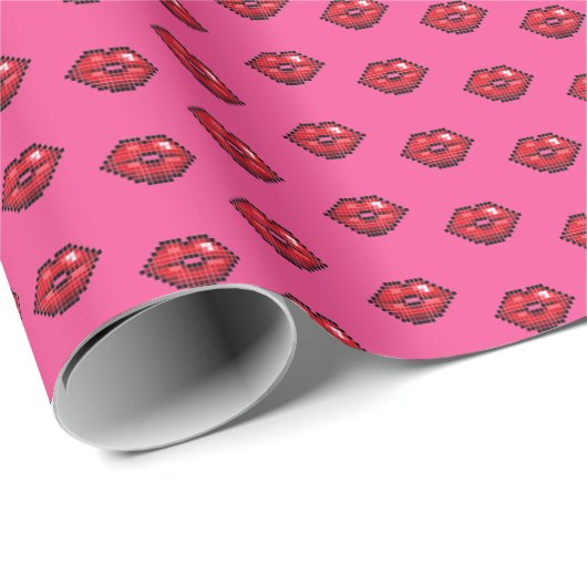 Papier Cadeau Fun Red Lips Valentine's Day Pixel Art Pattern (Coin rond)