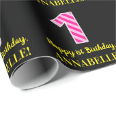 Papier Cadeau Fun Rose Stripes "1"; Joyeux 1er Anniversaire; Nom (Coin rond)
