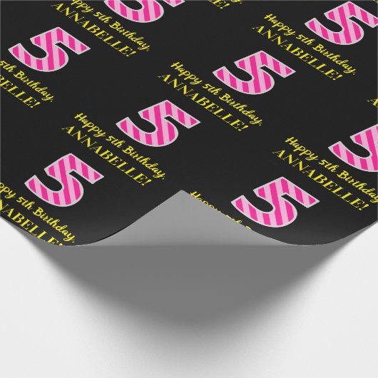 Papier Cadeau Fun Rose Stripes "5"; Joyeux 5e anniversaire; Nom (Coin)