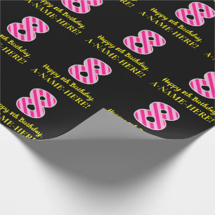 Papier Cadeau Fun Rose Stripes "8"; Joyeux 8ème anniversaire; No