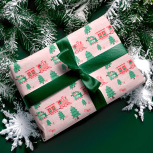 Papier Cadeau Fun rose Vintage Train Noël Arbre
