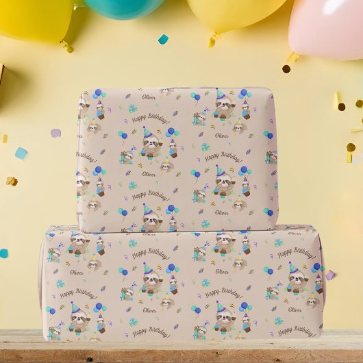 Papier Cadeau Fun Sloth Birthday Party Blue Theme Kids